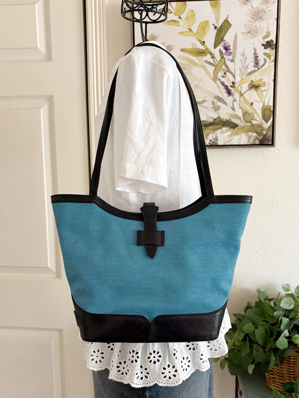 Valentino Garavani Vintage Blue Canvas Black Leather Trim Tote Shoulder Bag